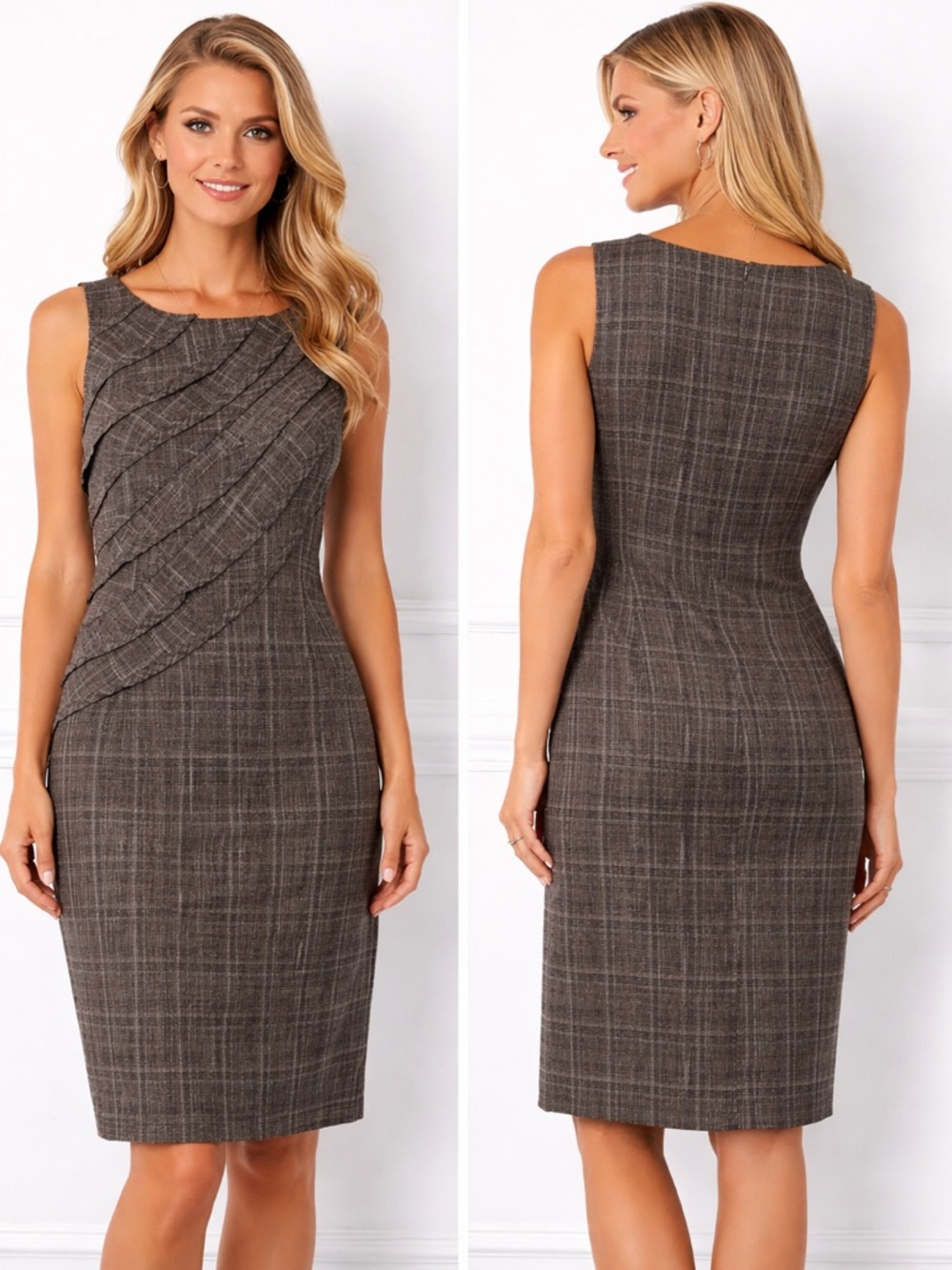 NWOT Sleeveless Gray Plaid Ruffled Sheath Dress